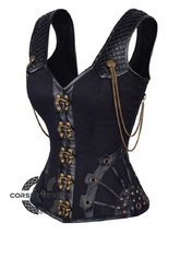 Black Satin Leather Shoulder Strap Gothic Steampunk Bustier Waist Training Overbust Corset Costume